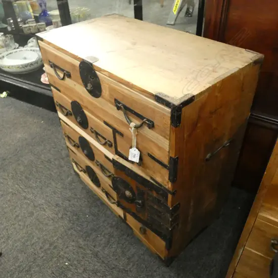 JAPANESE WOODEN TANSU CHEST - BLACK METAL BRACKETS. 8 DRAWER - 1 LOCKED CUPBOARD WITH 2 HIDDEN DRAWERS 