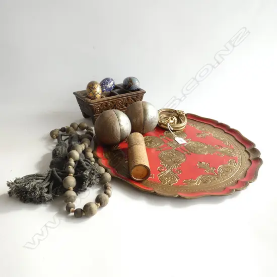 RED ITALIAN TRAY + ASST. DECOR PCES; ROPE, EGGS, BALLS ETC
