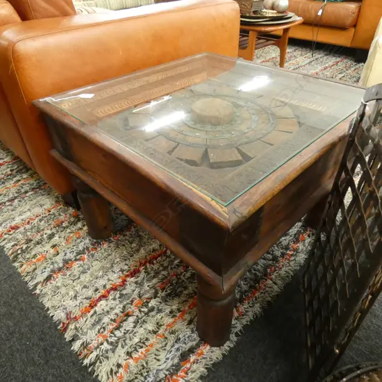 CARVED WOODEN INDONESIAN COFFEE TABLE 660mm sq H.475mm