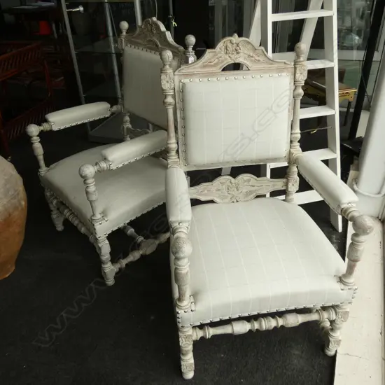 PR WHITE WASHED UPHOLSTERED SPANISH STYLE CHAIRS