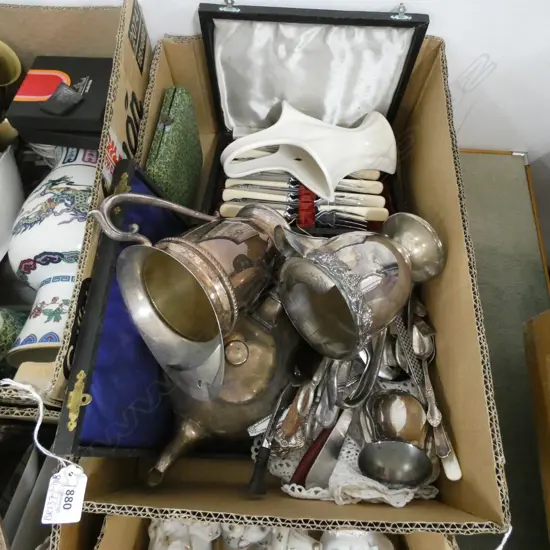BOX LOT 2 FISH SETS, CUTLERY, EP ETC