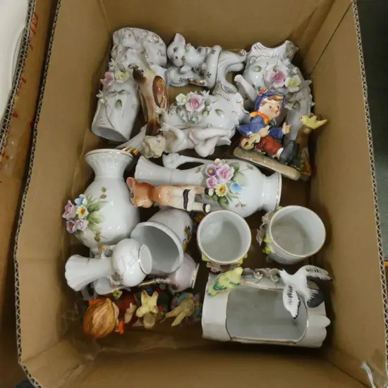 BOX LOT PORCELAIN ORNAMENTS / VASES ANIMALS ETC.