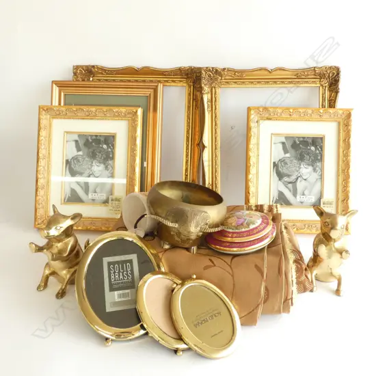 BOX LOT FRAMES, GOLD FABRIC ETC