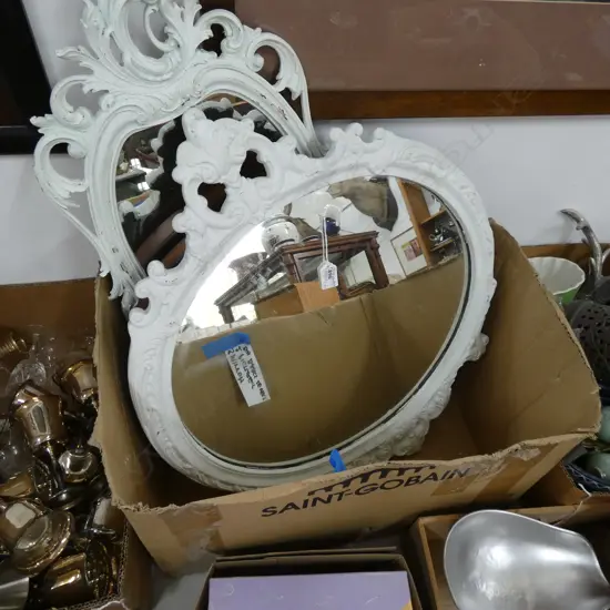 2 WHITE FRAMED MIRRORS + VICT MAHOGANY MIRROR L 540 MM