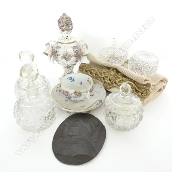 MEISSEN CUP/SAUCER (REPAIR), SHEIRHOLZ LIDDED VASE, BRONZE PLAQUE DANTE E BEATRICE (small surface fault) & ...