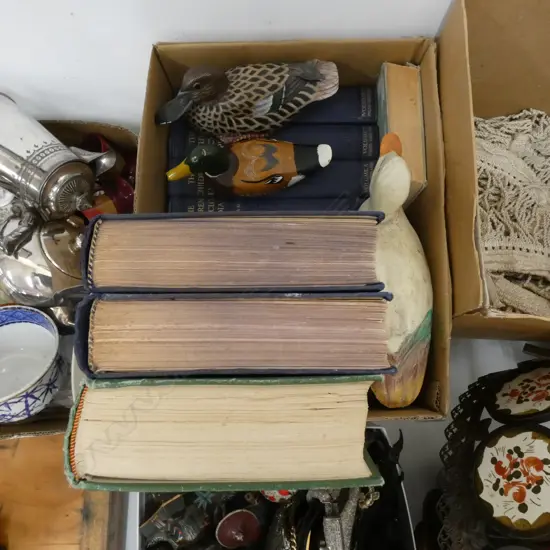 BOX LOT BOOKS; CHILDRENS ENCYCLOPEDIAS + 3 WOODEN DUCKS ETC