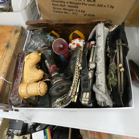 BOX LOT VINTAGE PURSES, CANDLESTICK ETC