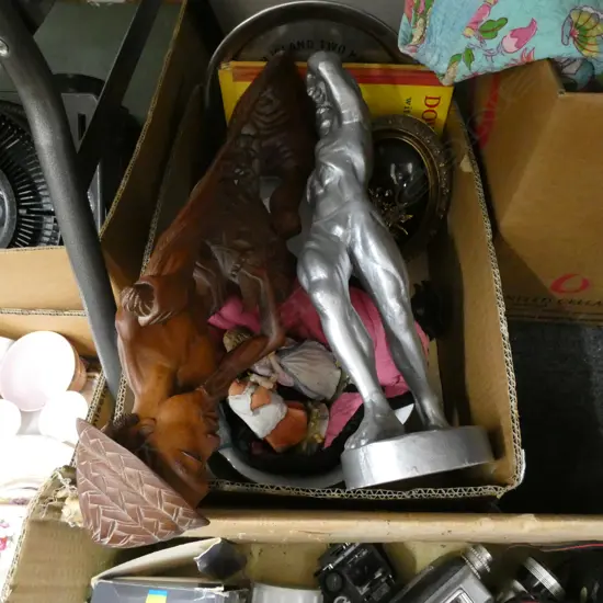 BOX LOT STRONG MAN FIGURE, CARVED WOODEN ORIENTAL FISHERMAN, PR TUREENS ETC 