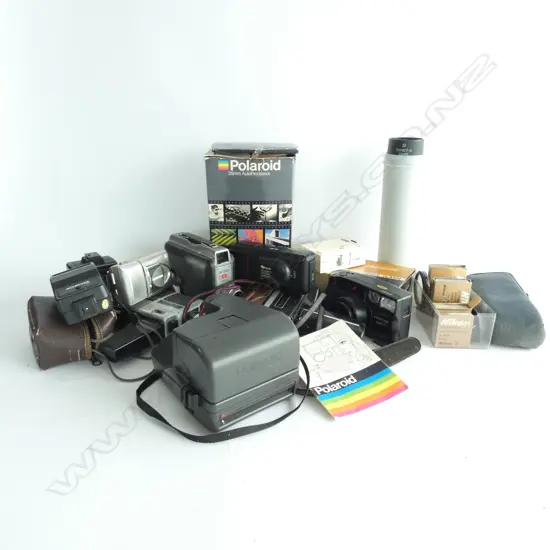BOX LOT ASST. CAMERAS; POLAROID, MOVIE, ETC