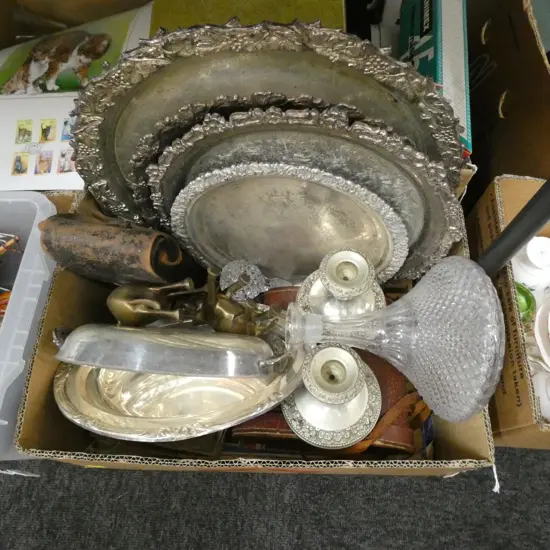 BOX LOT EP TRAYS, PRESSED GLASS SHIPS DECANTER, CAMERA, BINOCULARS ETC