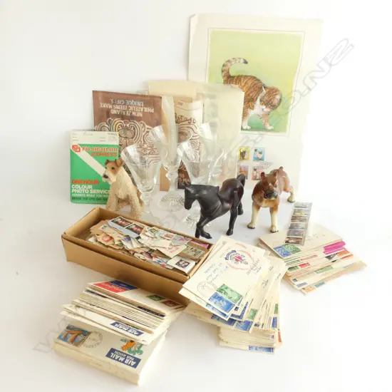 BOX LOT ASST. STAMPS, FIRST DAY COVERS, WINE GLASSES, ANIMALS