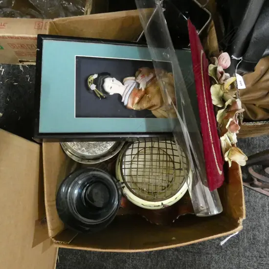 BOX LOT FRAMED DOLL, CARNIVAL GLASS ETC