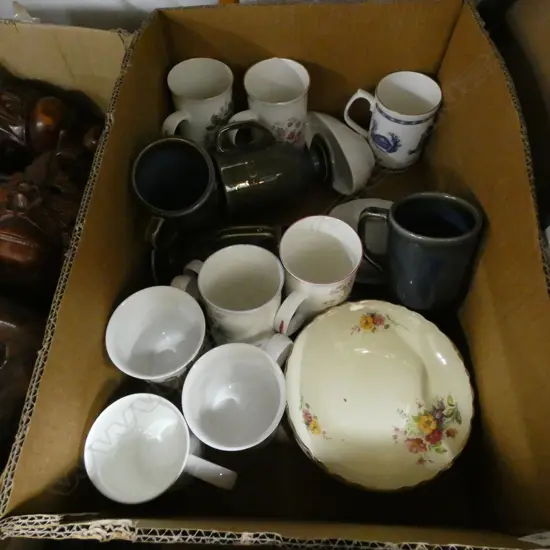 BOX LOT ASST. BONE CHINA MUGS ETC