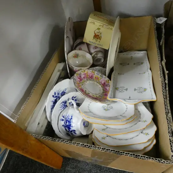 BOX LOT GOOD CHINA; 3 R/ALBERT TRIOS, SHELLEY, BUNNYKINS, COLCOLGH TEA SET, SET 6 CASED 'BONE' HANDLES