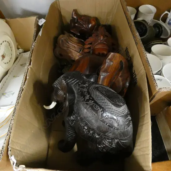 BOX LOT ASST. CARVED WOODEN ELEPHANTS ETC