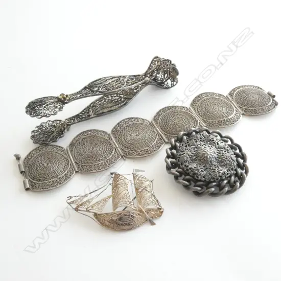 SILVER FILIGREE BRACELET / SHIP BROOCH & TONGS + OLD BUTTON NOT SIL.