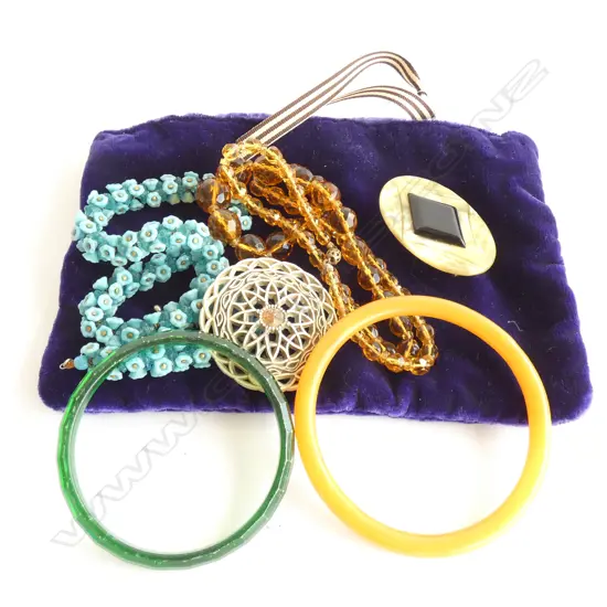 BLUE VELVET BAG OF VINTAGE COSTUME JEWELLERY