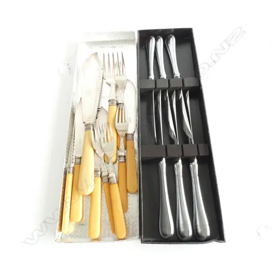 6 CASED TOWLE KNIVES + STERLING TRIM 10 PCE FISH SET