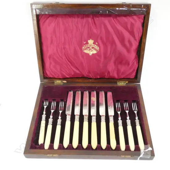 WOODEN BOX  12 STERLING SILVER COLLARED KNIVES & FORKS- CELLULOID HANDLES (DAMAGE TO ONE HANDLE) 