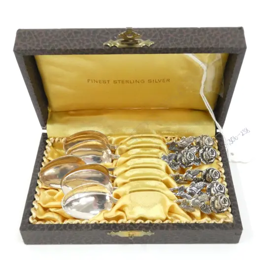 SET 6 BOXED STERLING SILVER COFFEE SPOONS - ROSE HANDLES 