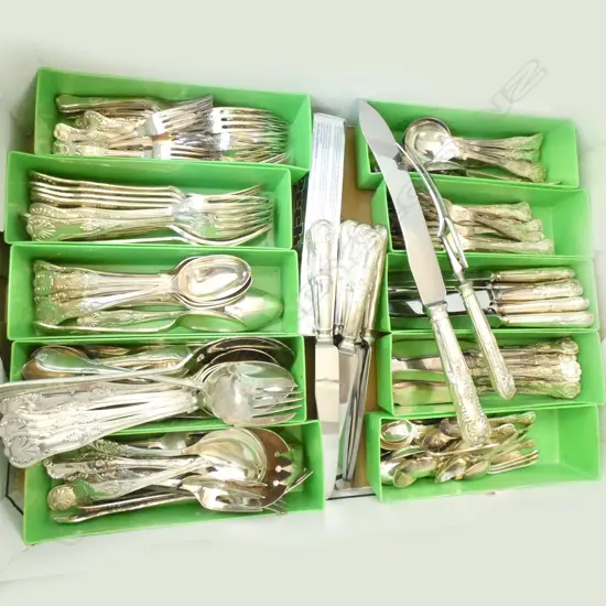 LARGE COLLECTION WALKER & HALL SILVER PLATE KINGS PATTERN CUTLERY + ASST. EXTRAS