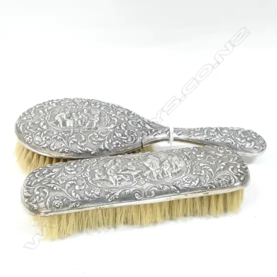2 ORNATE STG SILVER BRUSHES DUTCH MARKS VILLAGE SCENE