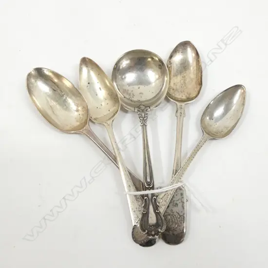 5 ASSORT. TEASPOONS  - ALL HALLMARKED - 98GM TOTAL WEIGHT