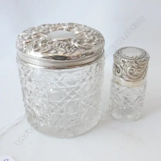 2 SILVER TOPPED DRESSING TABLE POTS