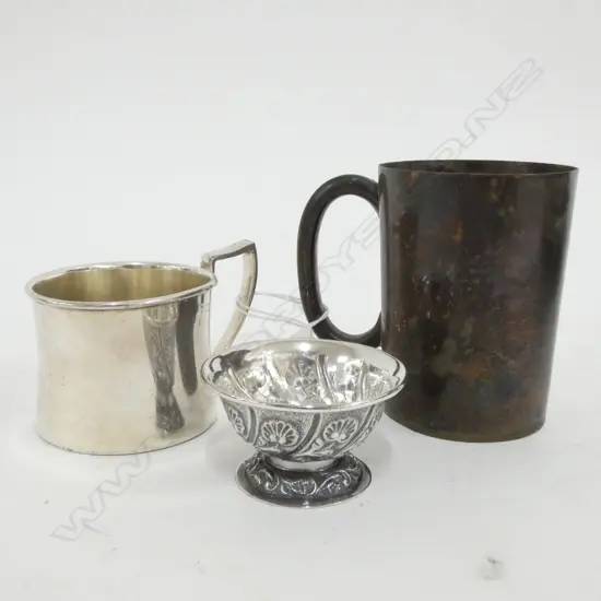 2 SILVER PLATE MUGS AND A SALT (W.W.)