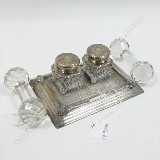 PR EPNS & GLASS INK BOTTLES ON STAND + 2 GLASS KNIFE RESTS