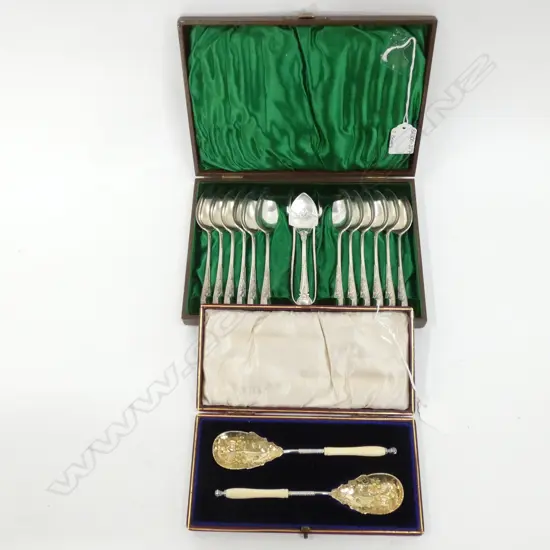 BOXED SILVER PLATE 14 PC SET & BOXED 2 ORNATE SPOONS - FAUX BONE HANDLES 