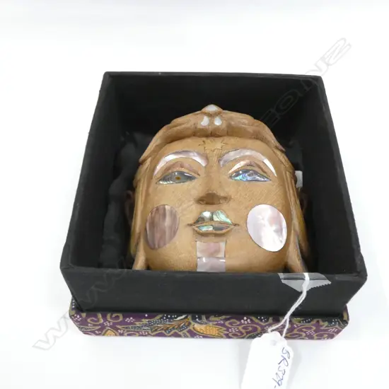 'CANYON SPIRITS' CARVED MASK WITH SHELL INLAYS. BOXED
