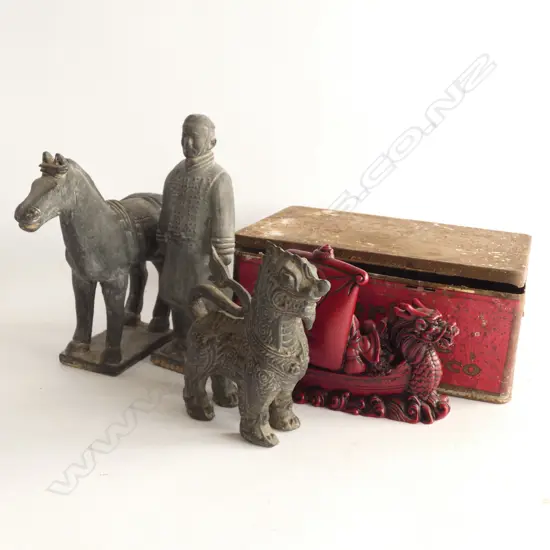 OLD TIN w BURIED ARMY FIGURES, TIBETAN LION DOG & RESIN JAPANESE GODS TREASURE SHIP
