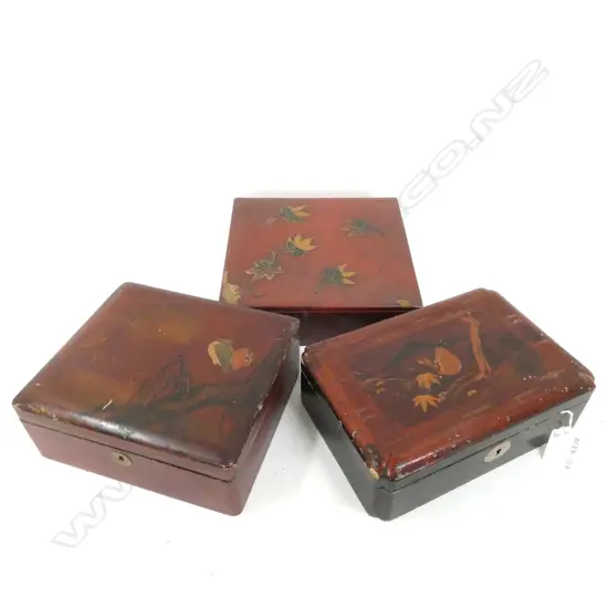 3 ORIENTAL RED LACQUER BOXES (LARGEST 215 X 205MM) 