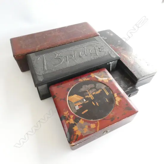 4 ORIENTAL ENAMEL BOXES + ONE WOODEN & PEWTER BRIDGE BOX  260 X 130MM