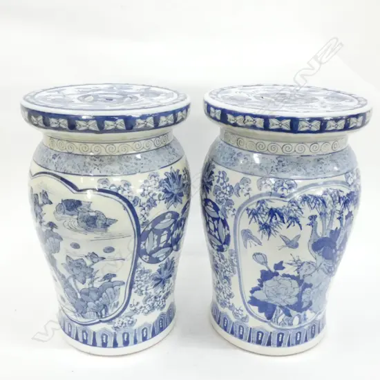 TWO CHINESE BLUE AND WHITE STOOLS