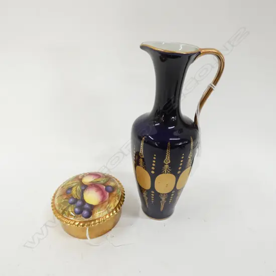 AYNSLEY GOLD GILDED AUTUMN FRUITS LIDDED BOX (DIA 90MM) + ROYAL PORCELAIN COBALT & GOLD VASE (H. 210MM)
