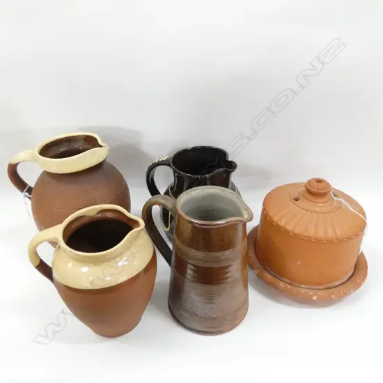 3 OLD FRENCH STYLE TERRACOTTA JUGS (H. 230MM + 1 OTHER + TERRACOTTA CHEESE DISH ....