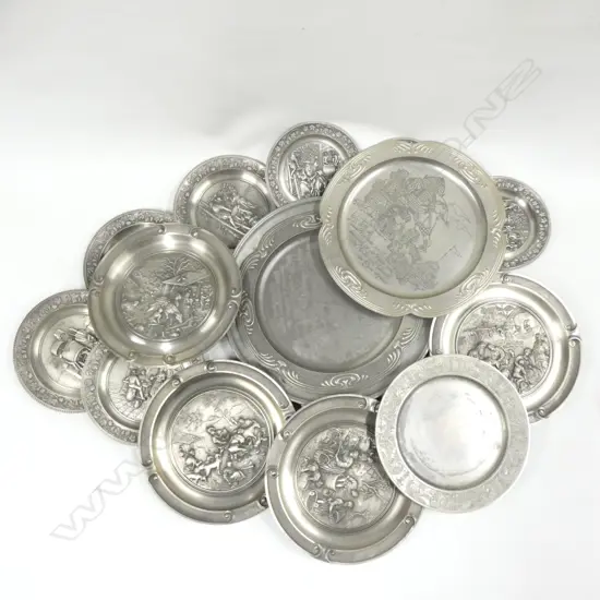 LG STACK DECORATIVE PEWTER PLATES (15) INCL ROSENTHAL - LARGEST DIA 325MM