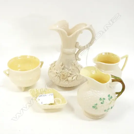 5 BELLEEK - SHAMROCK JUG / APPLIED FLOWERS JUG / JUG & SUGAR BOWL & SALT LARGEST H. 150MM