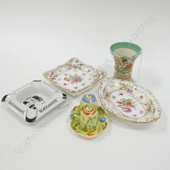 BURLEY WARE CHARLOTTE RHEAD VASE H. 105MM 2 HAMMERSLEY DISHES / SHELLEY ASHTRAY + 1 OTHER