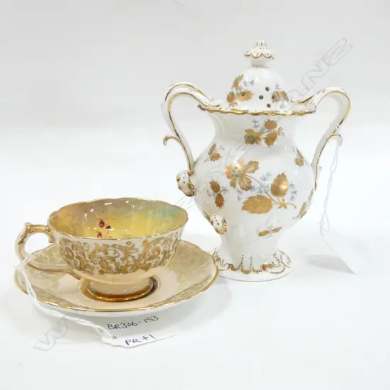 PARAGON GOLD GILDED AUTUMN FRUITS DEMITASSE CUP & SAUCER + COALPORT POT POURRIE H. 140MM