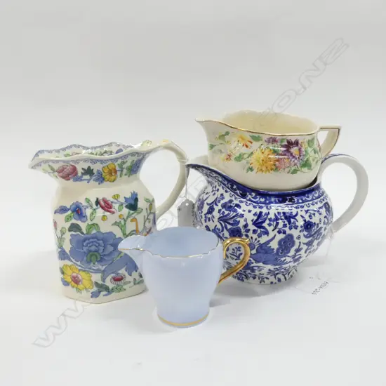4 JUGS; MASONS REGENCY (H.140MM) BURLEIGH WARE BLUE & WHITE / SHELLEY & ROYAL DOULTON 
