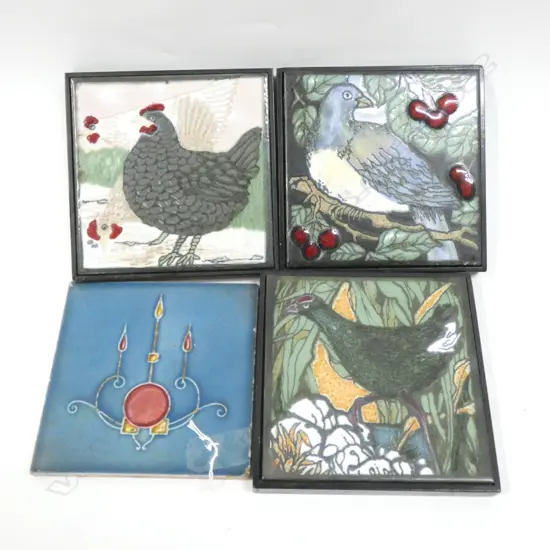 3 BLACK FRAMED BIRD TILES (DIA 165MM) & OLD ART NOUVEAU TILE 