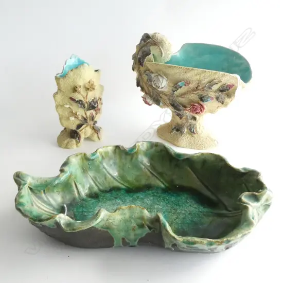 POTTERY LEAF BOWL (L 330) & 2 VASES WITH APPLIED FLOWERS & FOLIAGE 