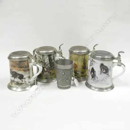 4  OLD PORCELAIN TANKARDS - 3 KAISER WITH PEWTER LIDS H. 170MM & 1 BEAKER