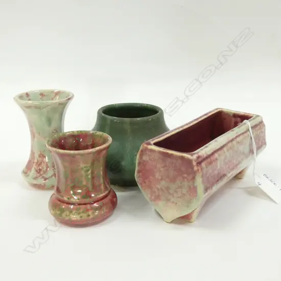 3 SM CROWN LYNN PINK & GREEN TRICKLE GLAZE VASES (LARGEST L 140MM) + 1 OTHER.
