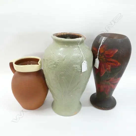 FRENCH STYLE TERRACOTTA JUG (H 205MM) 2 LAGE OLD VASES 1 WOODEN FOLK ART LGEST H. 315MM