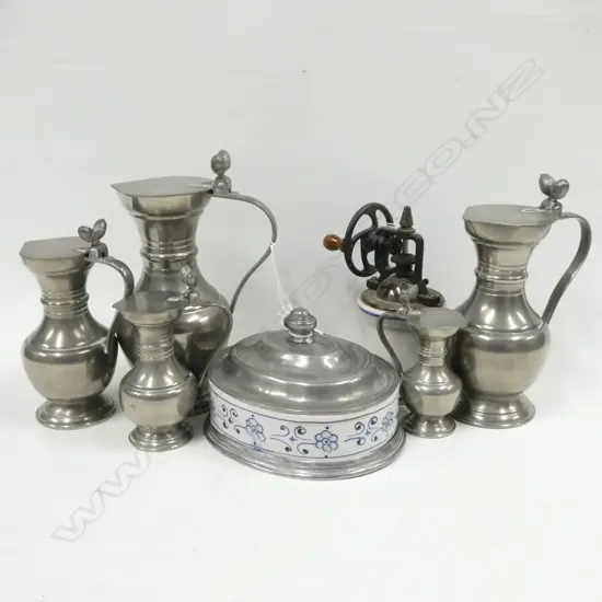 ASST. PEWTER; OLD DELFT OVAL LIDDED DISH / 5 GRADUATED ACORN LIDDED JUGS + OLD COFFEE GRINDER