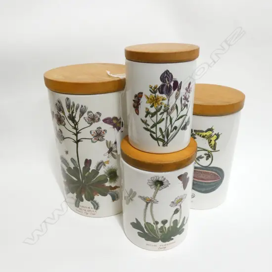 SET 5 PORTMEIRION BOTANIC GARDENS CANISTERS - WOODEN LIDS - LARGEST H. - 210 DIA 130MM SOME A/F